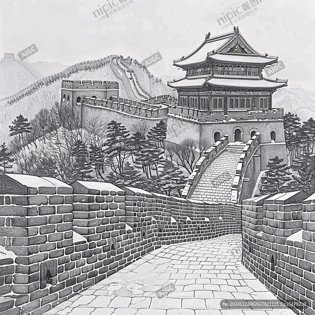 長城版畫插畫雕刻素材