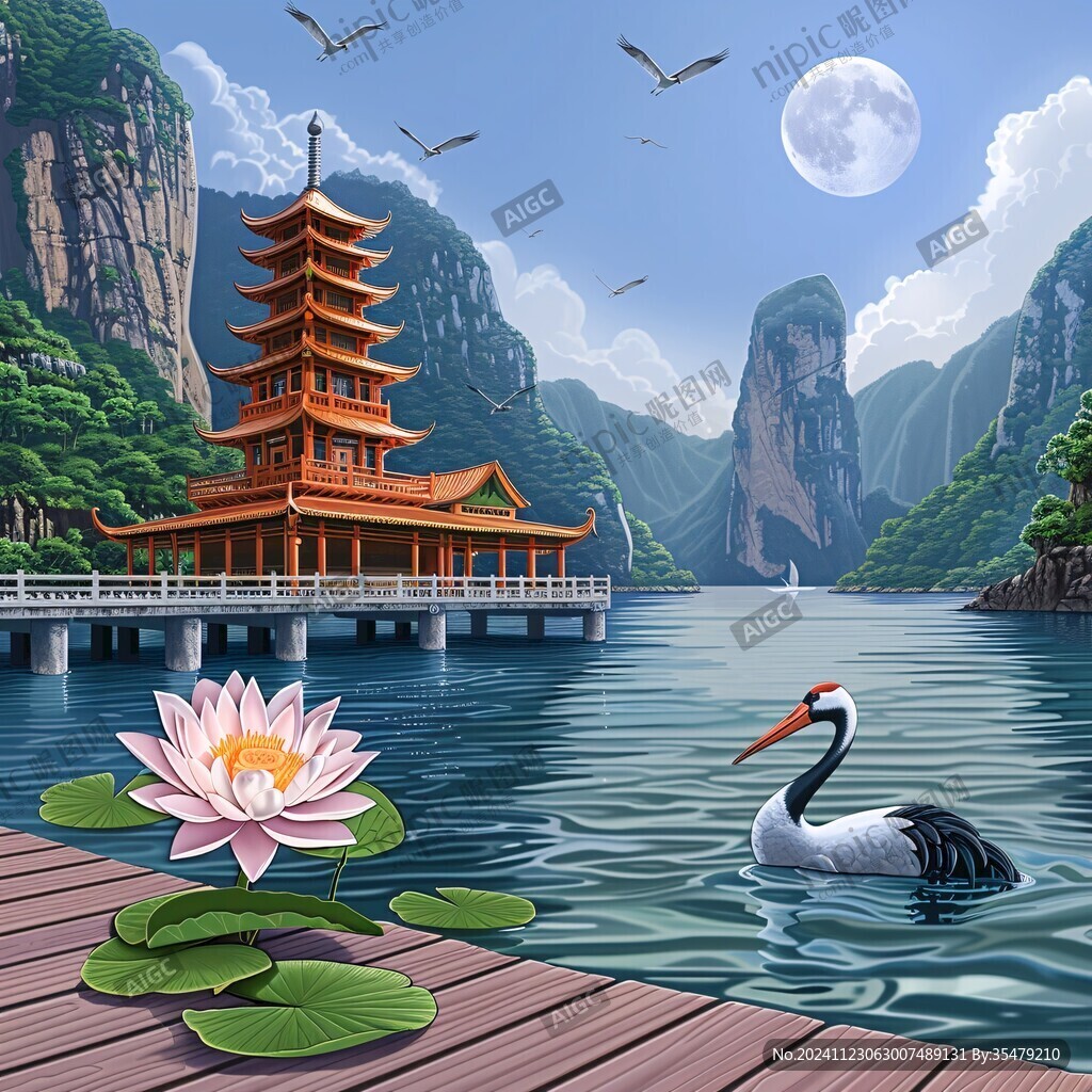 仙鶴樓閣山水插畫(huà)