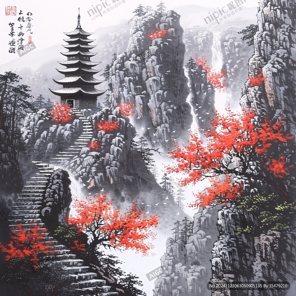 旭日東升樓閣山水畫(huà)