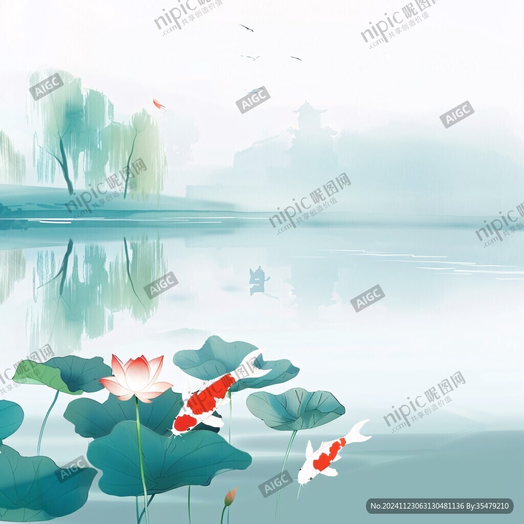 水墨魚兒荷塘