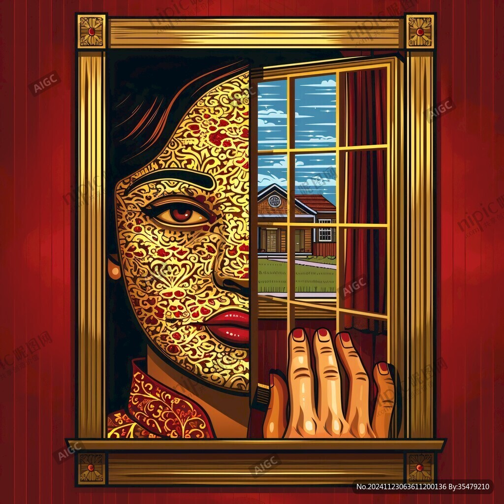 美人倚窗插畫
