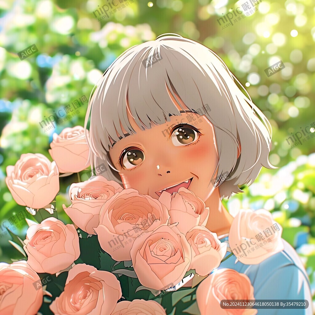 女孩捧花微笑插畫