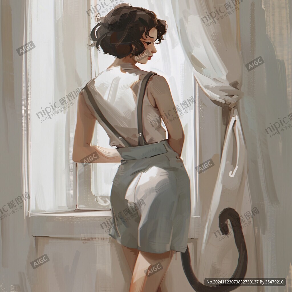 美人倚窗插畫