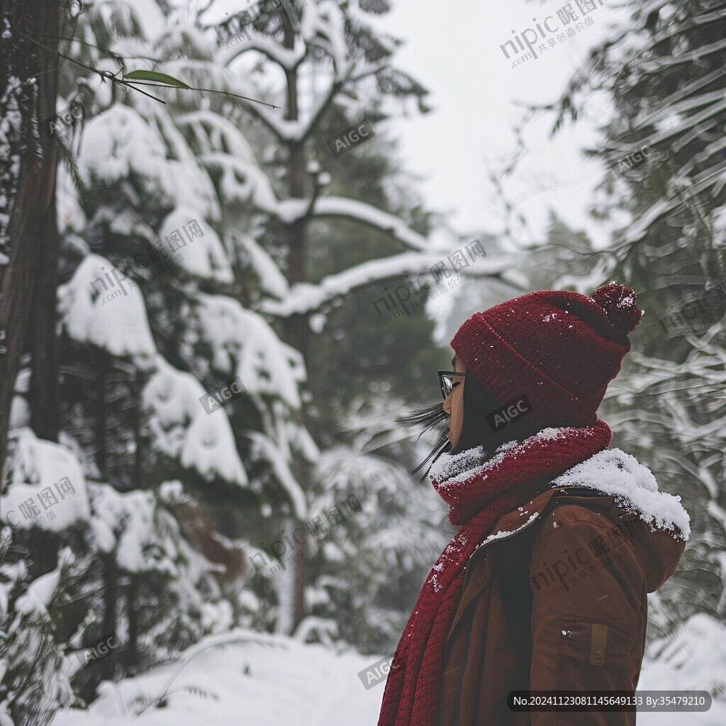 眺望白雪皚皚的森林的女人