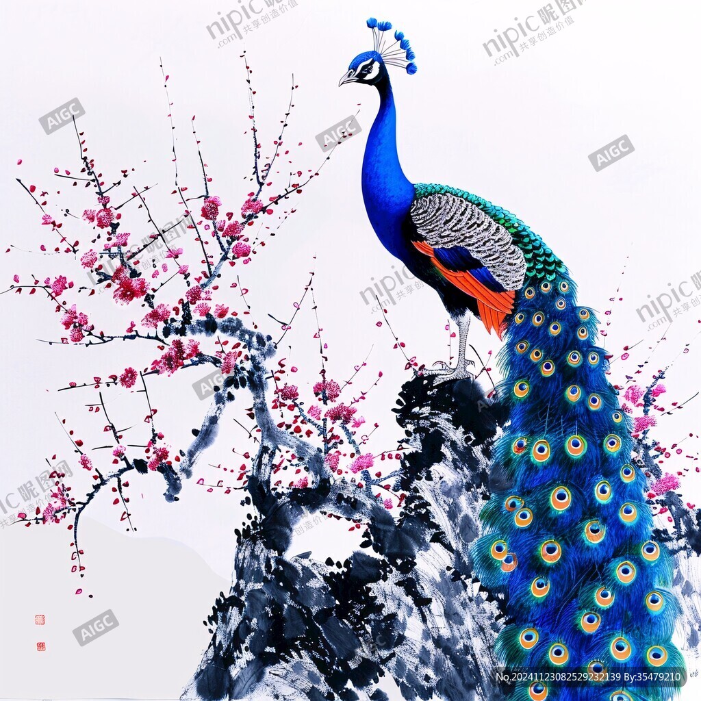 梅花花鳥背景墻藍鵲