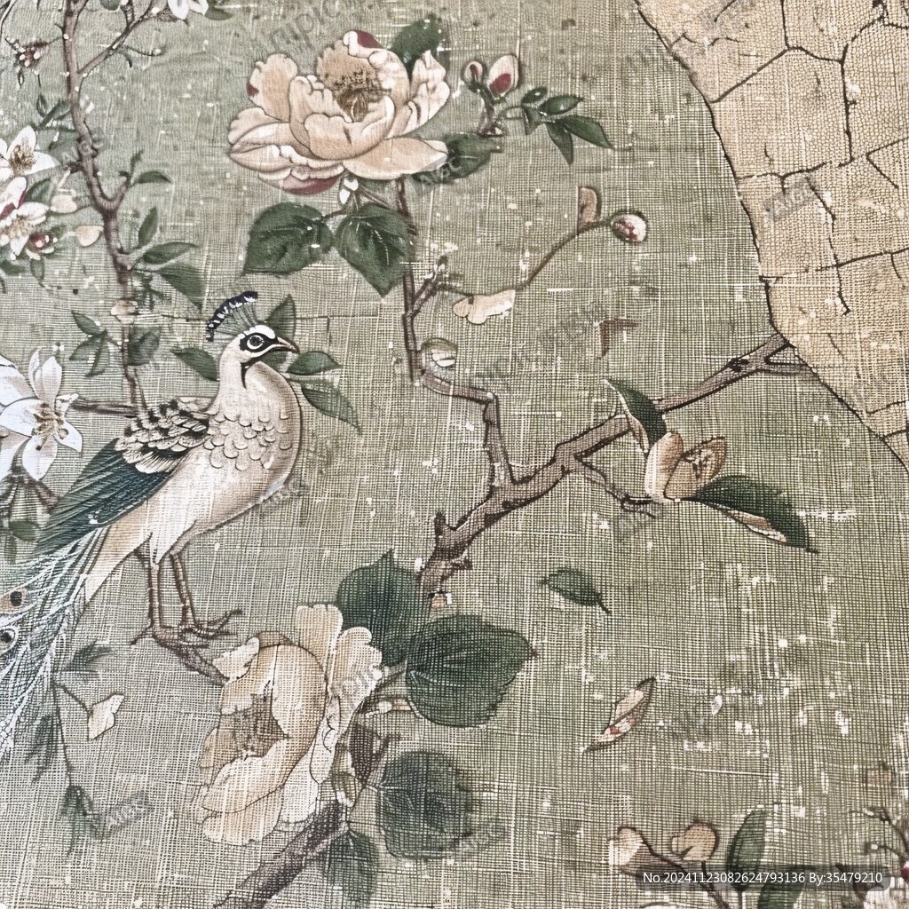 綠地粉彩藤蘿花鳥圖
