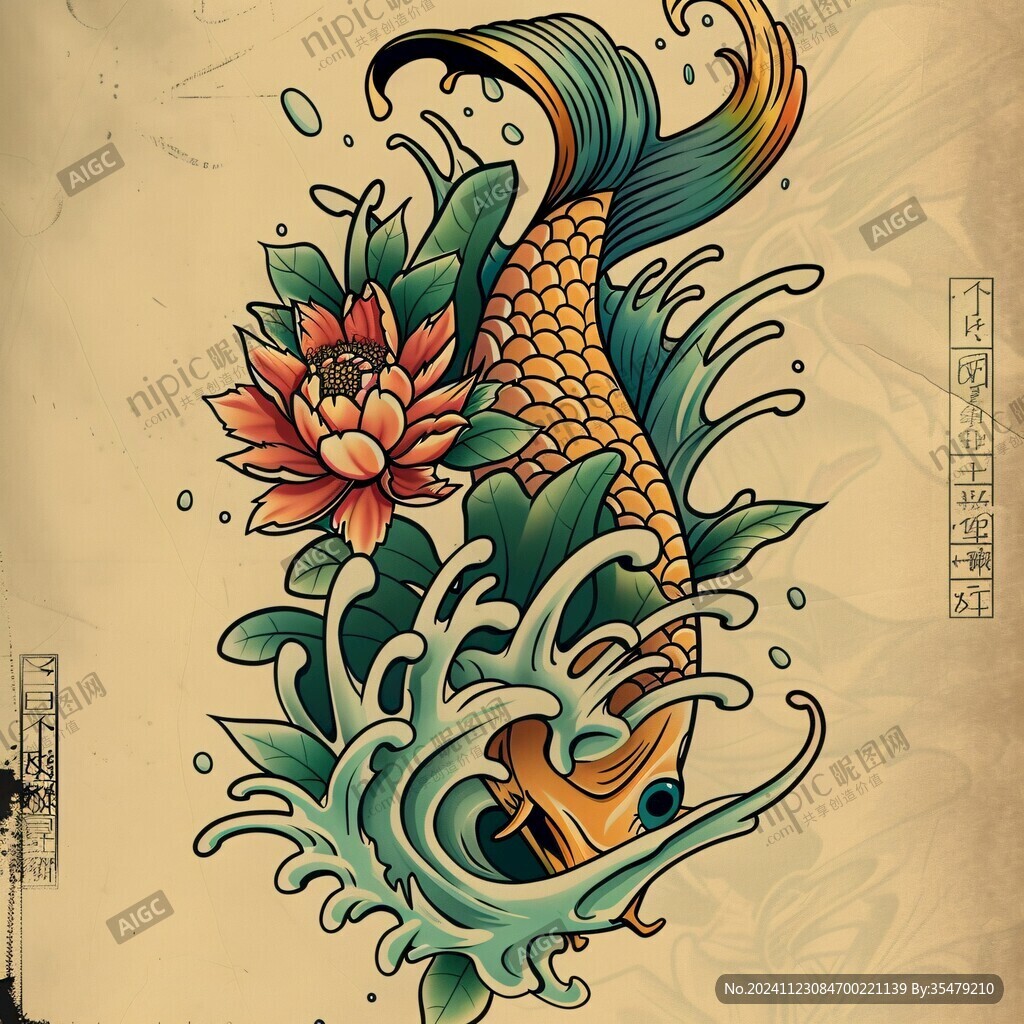 鯉魚荷花紋身