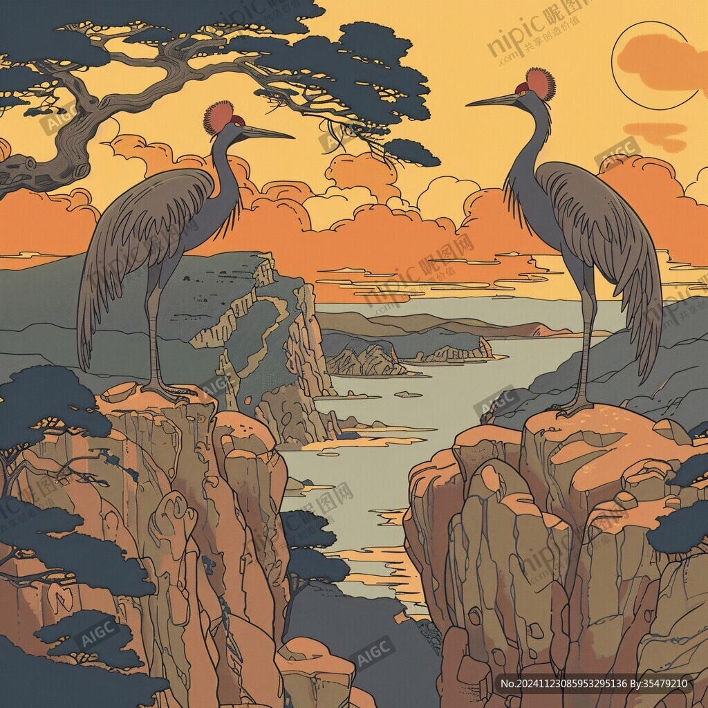 手繪海水江崖松鶴