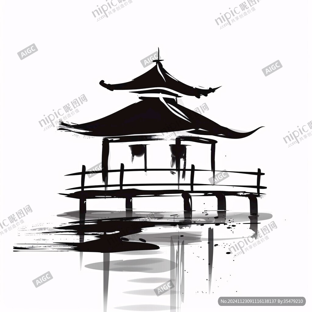 禪意建筑水墨畫