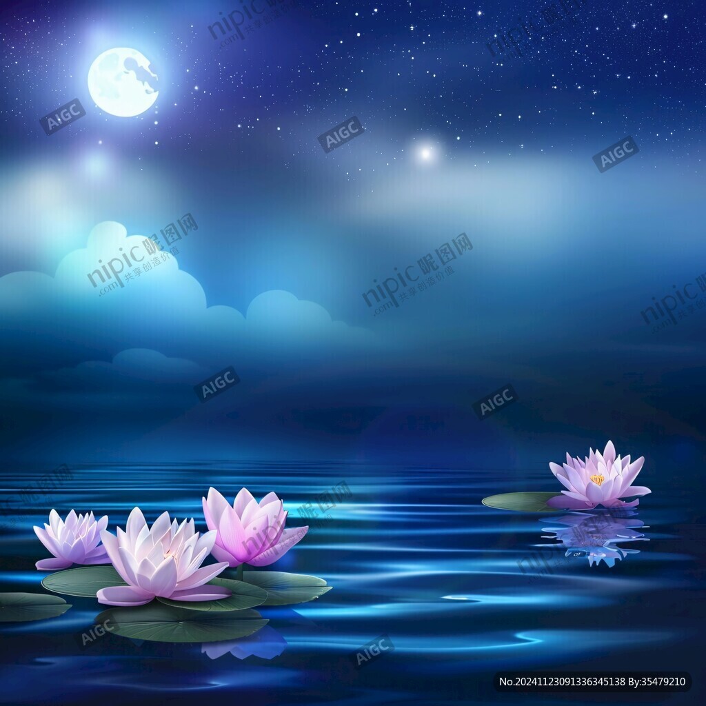 月色中的水浮蓮
