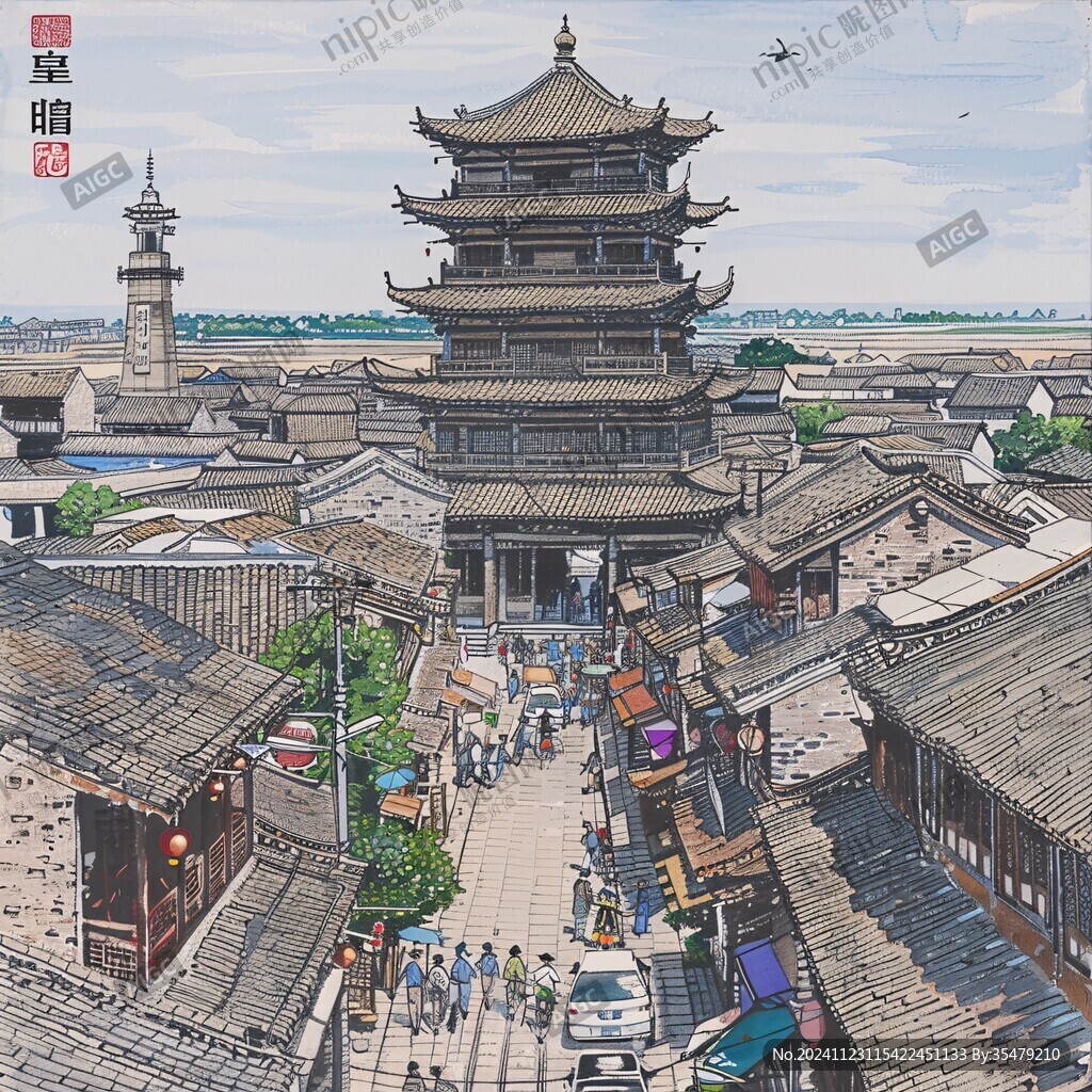 襄樊旅游手繪建筑插畫