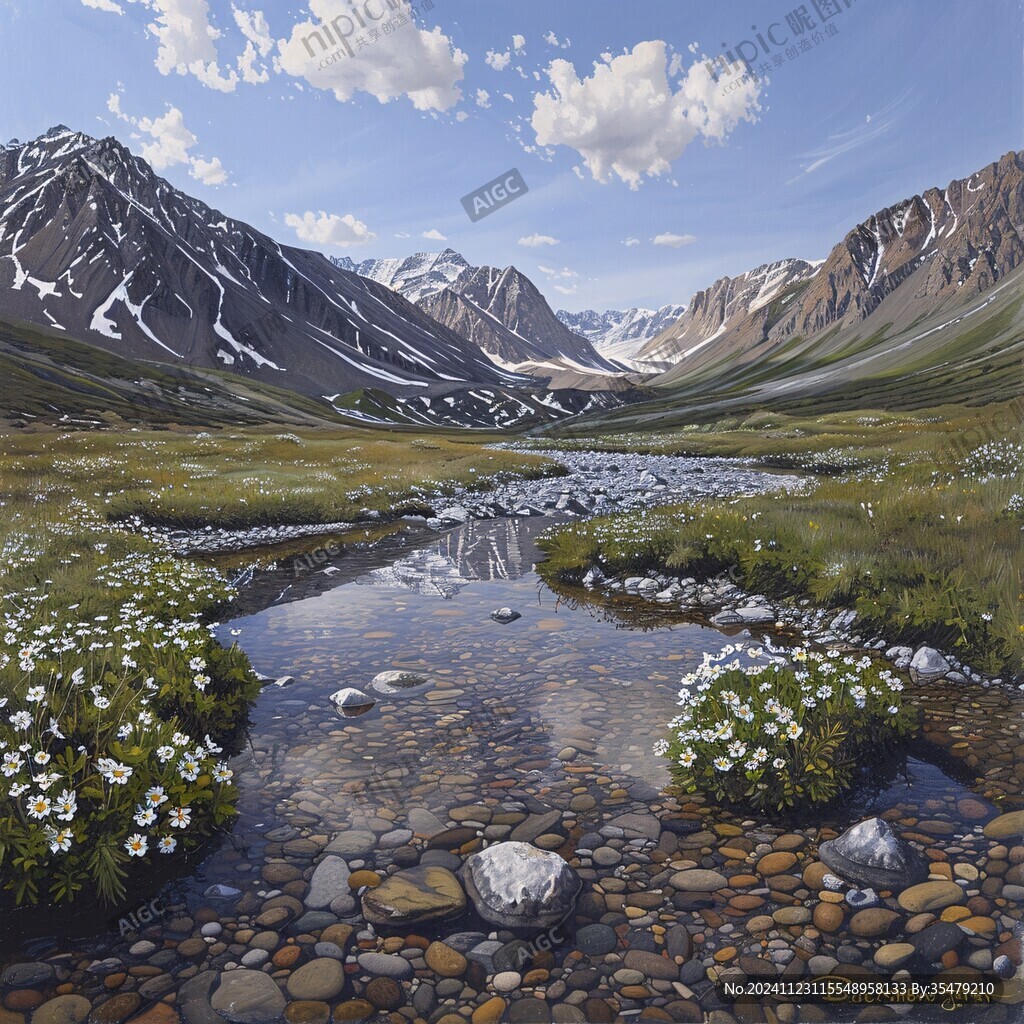 雪山河流油畫