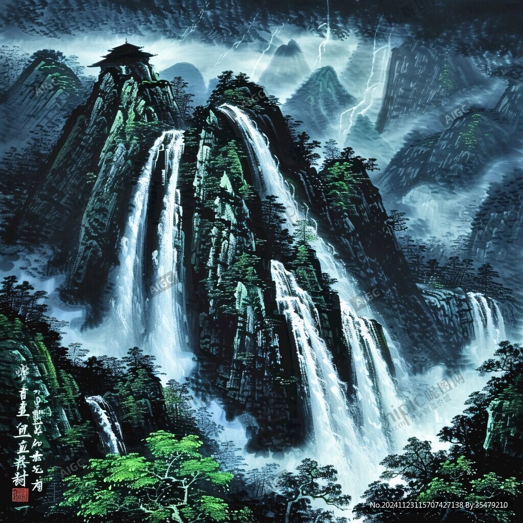 招財瀑布山水畫