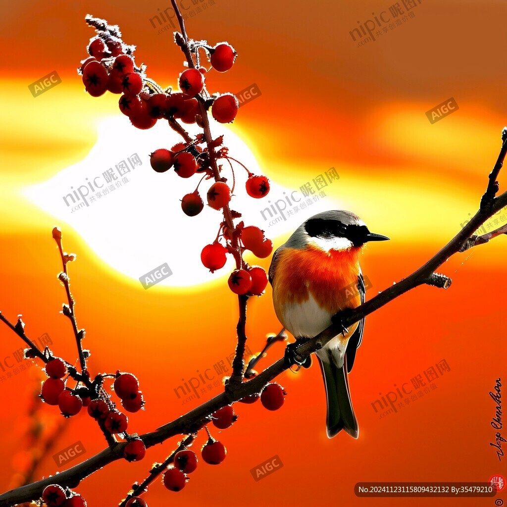 紅果果枝頭的鳥兒