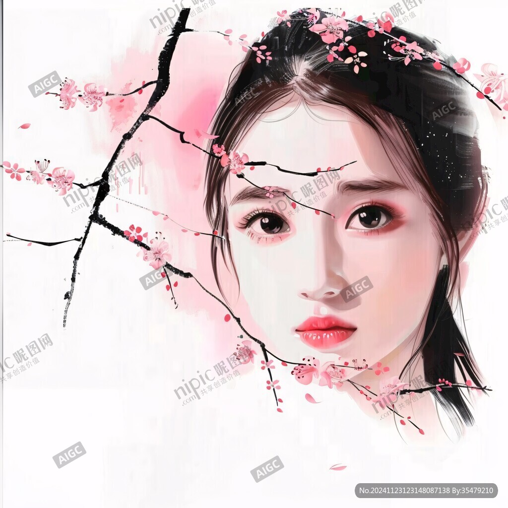手繪桃花美女