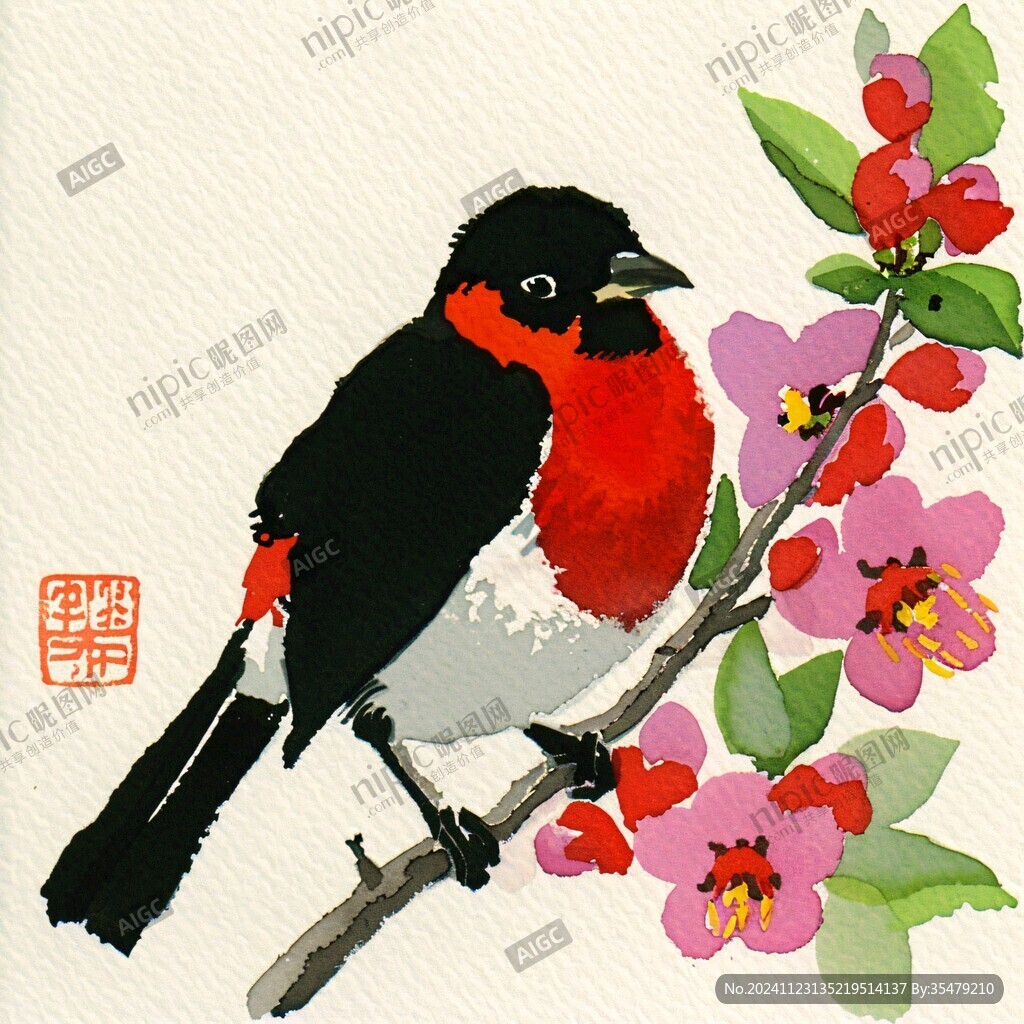 紅色花鳥圖