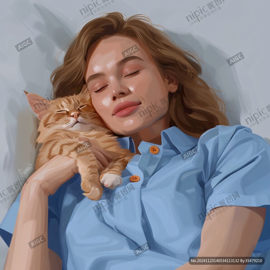 抱貓美女貓插畫