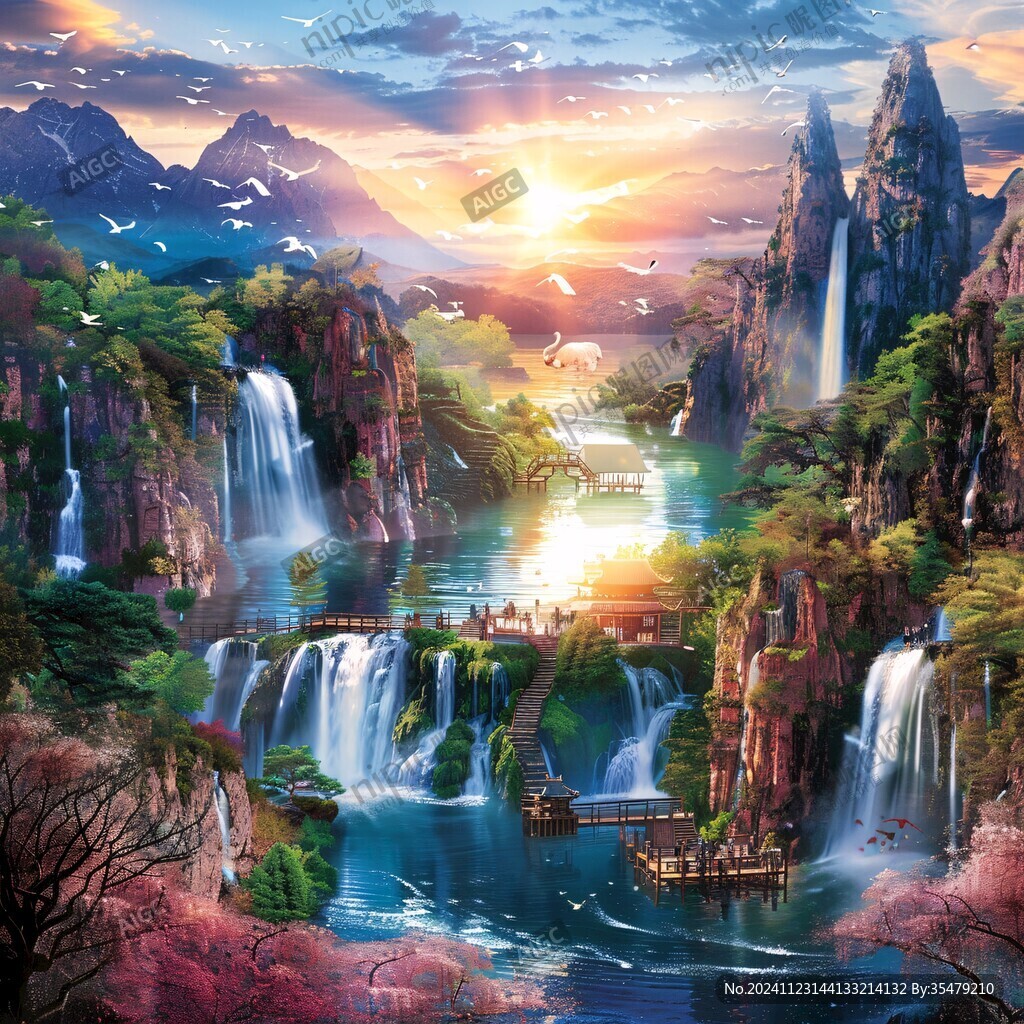 山水風景油畫瀑布