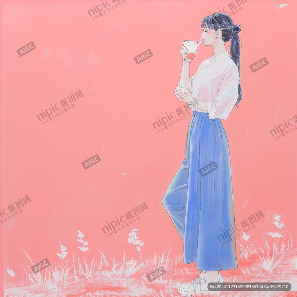 茉莉花茶女孩插畫