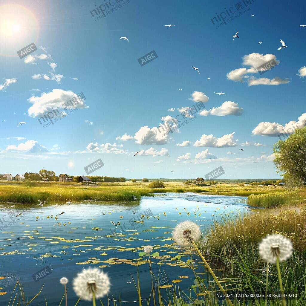 藍天白云草地湖泊