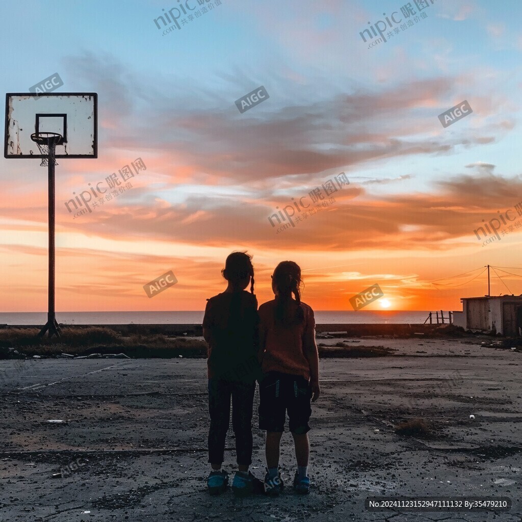 夕陽下投籃的男孩
