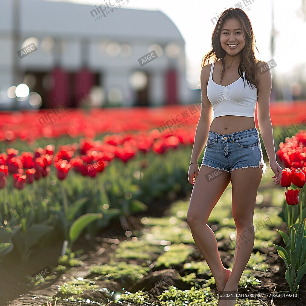 盛開郁金香與美女