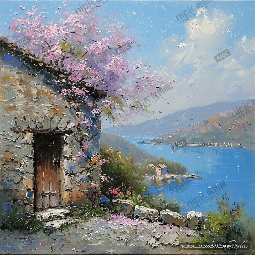 桃花風(fēng)景油畫