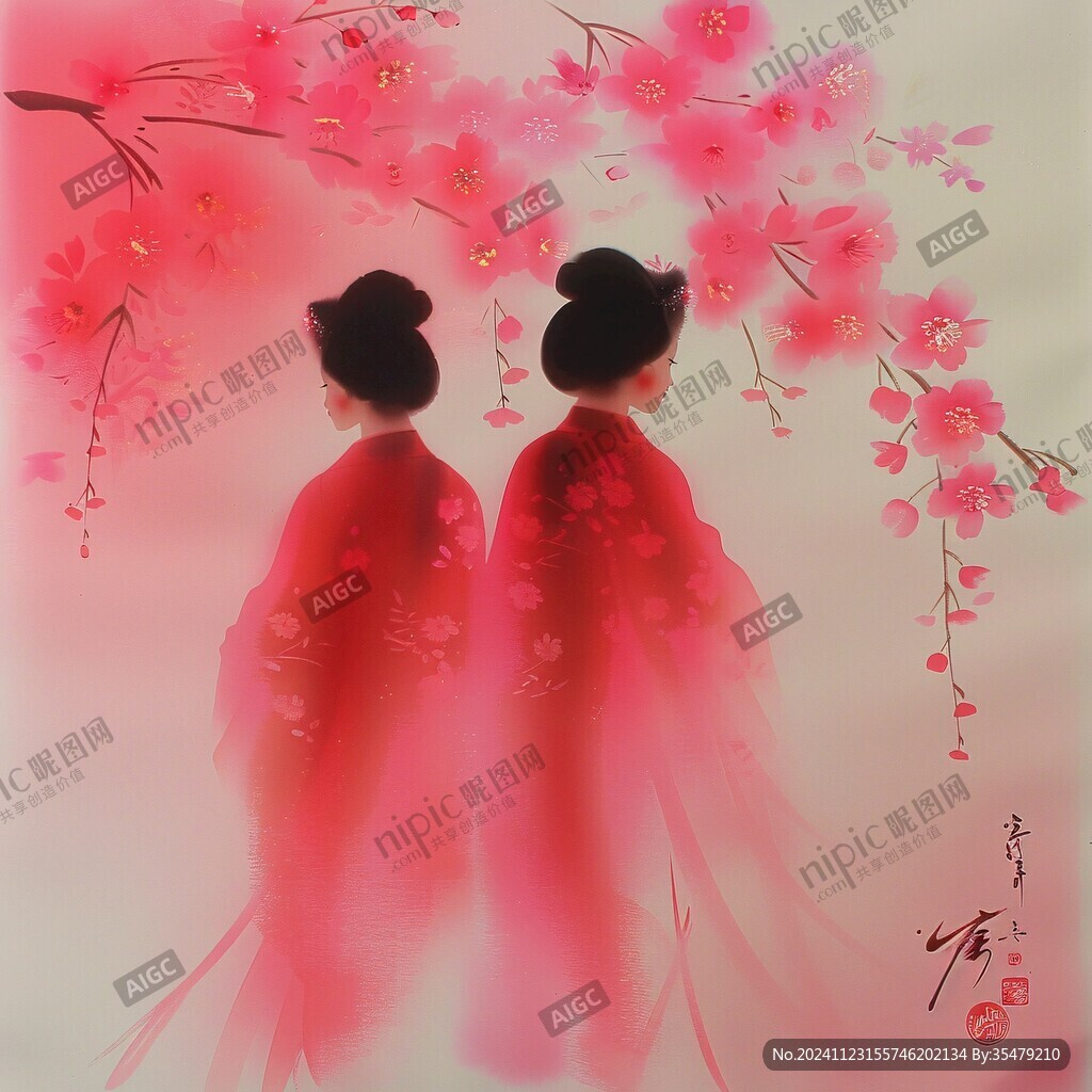 桃花美女仕女圖