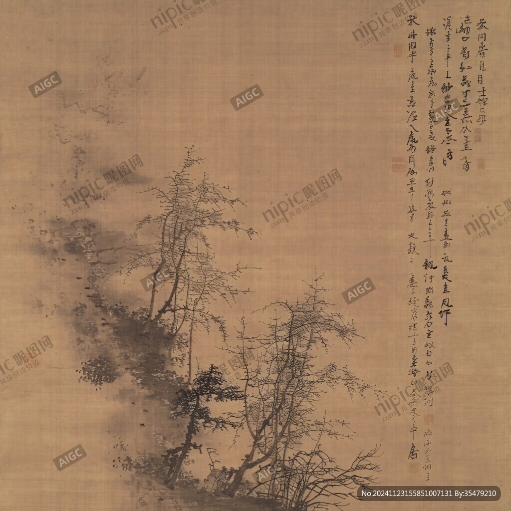 秋樹修篁圖