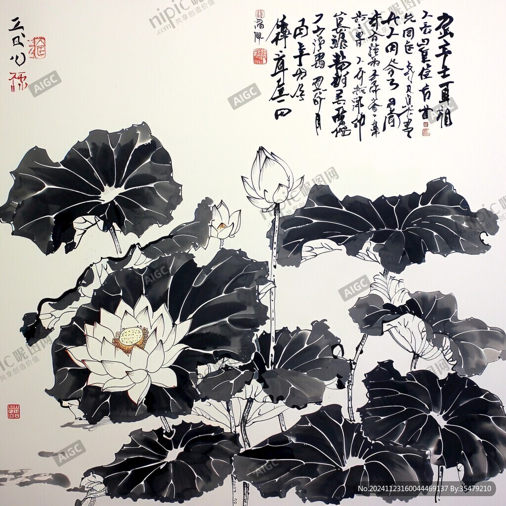 仿古荷花清廉圖