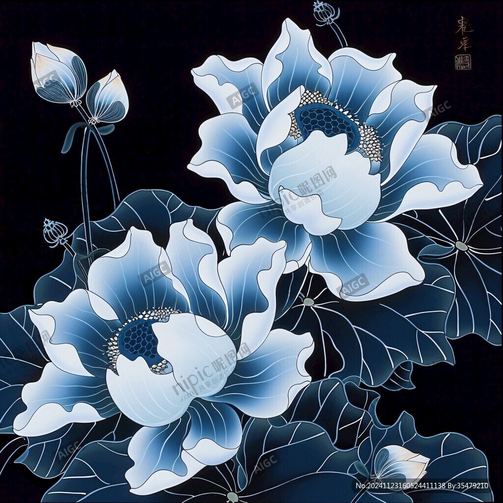藍(lán)色荷花壁畫