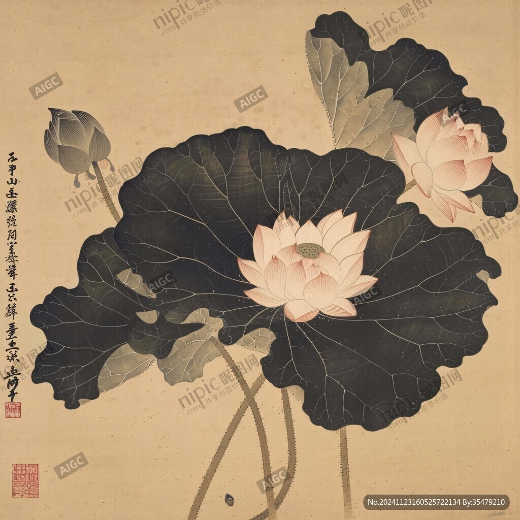 仿古荷花清廉圖