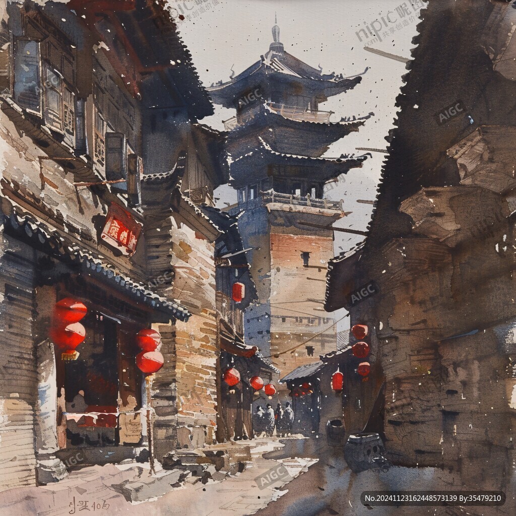 原創(chuàng)水彩古都風(fēng)光