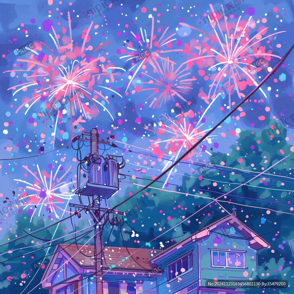 賞煙花插畫