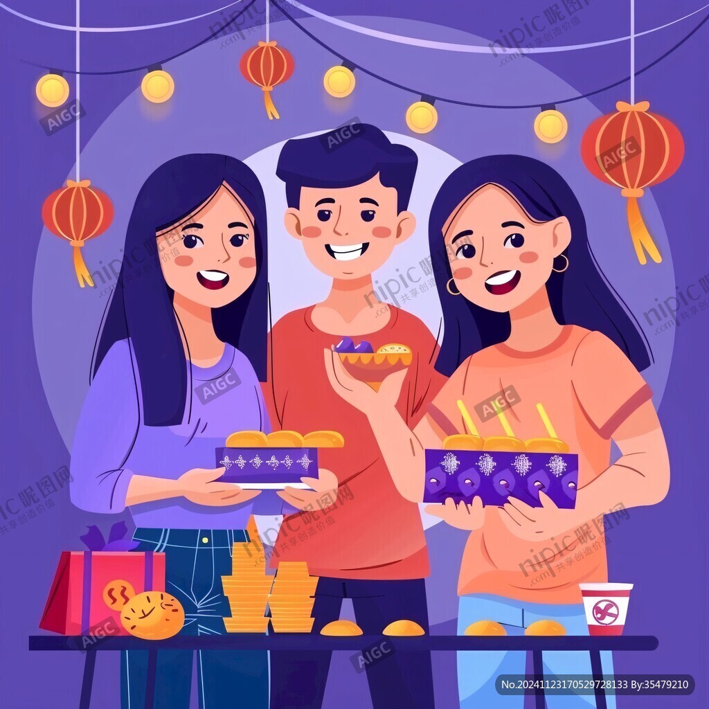 中秋月餅人物插畫