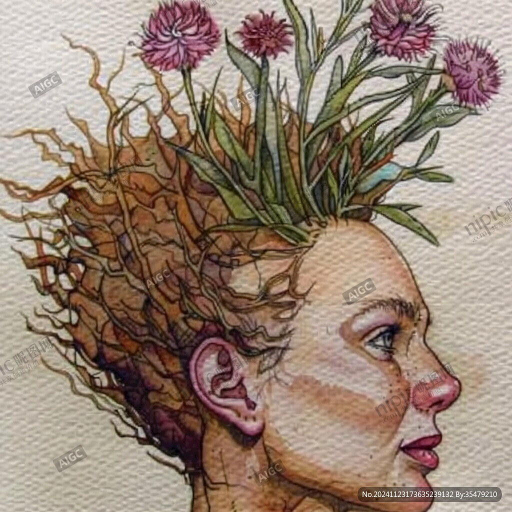 彩繪女人植物抽象畫