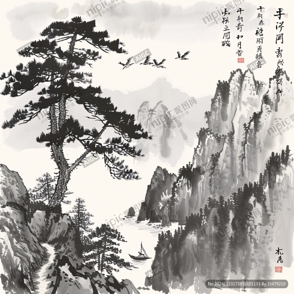 迎客松水墨寫意畫