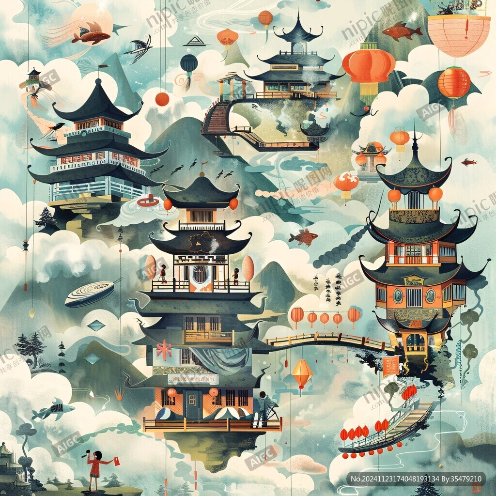 樓閣仙景插畫