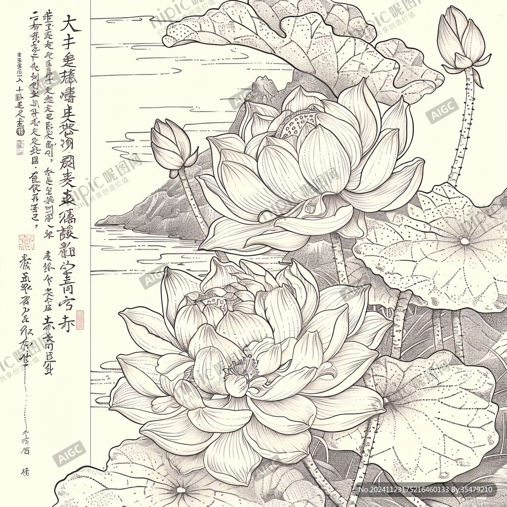 雕刻線描荷塘素材