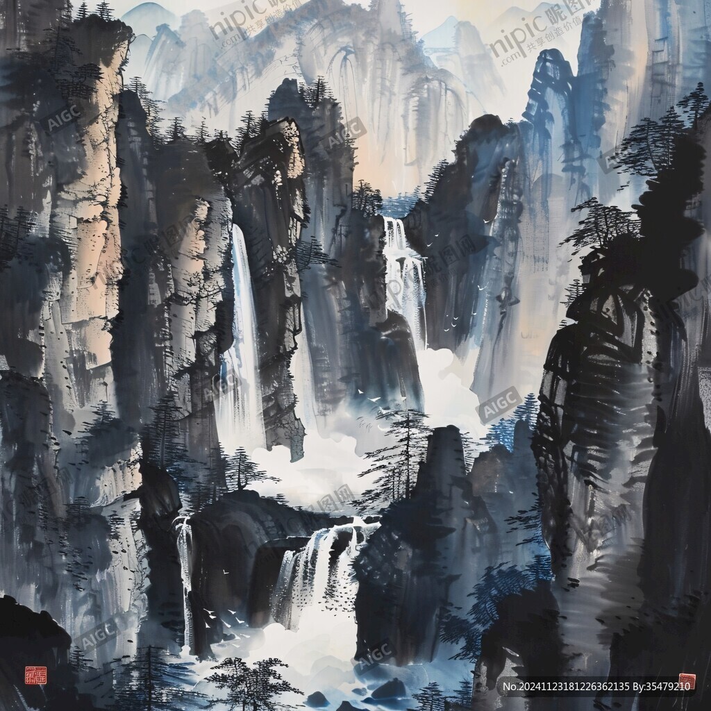 瀑布山景畫