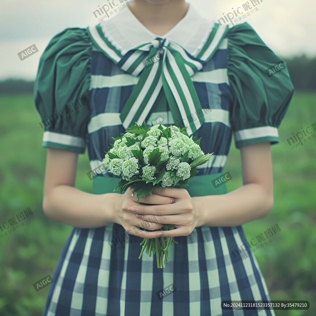 手抱花束的綠衣女孩
