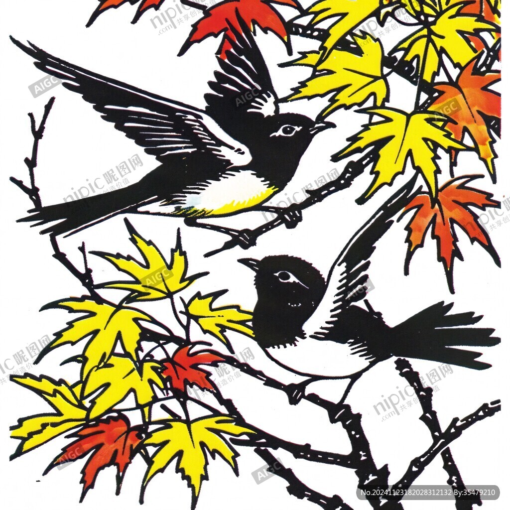 手繪黃鸝紅葉
