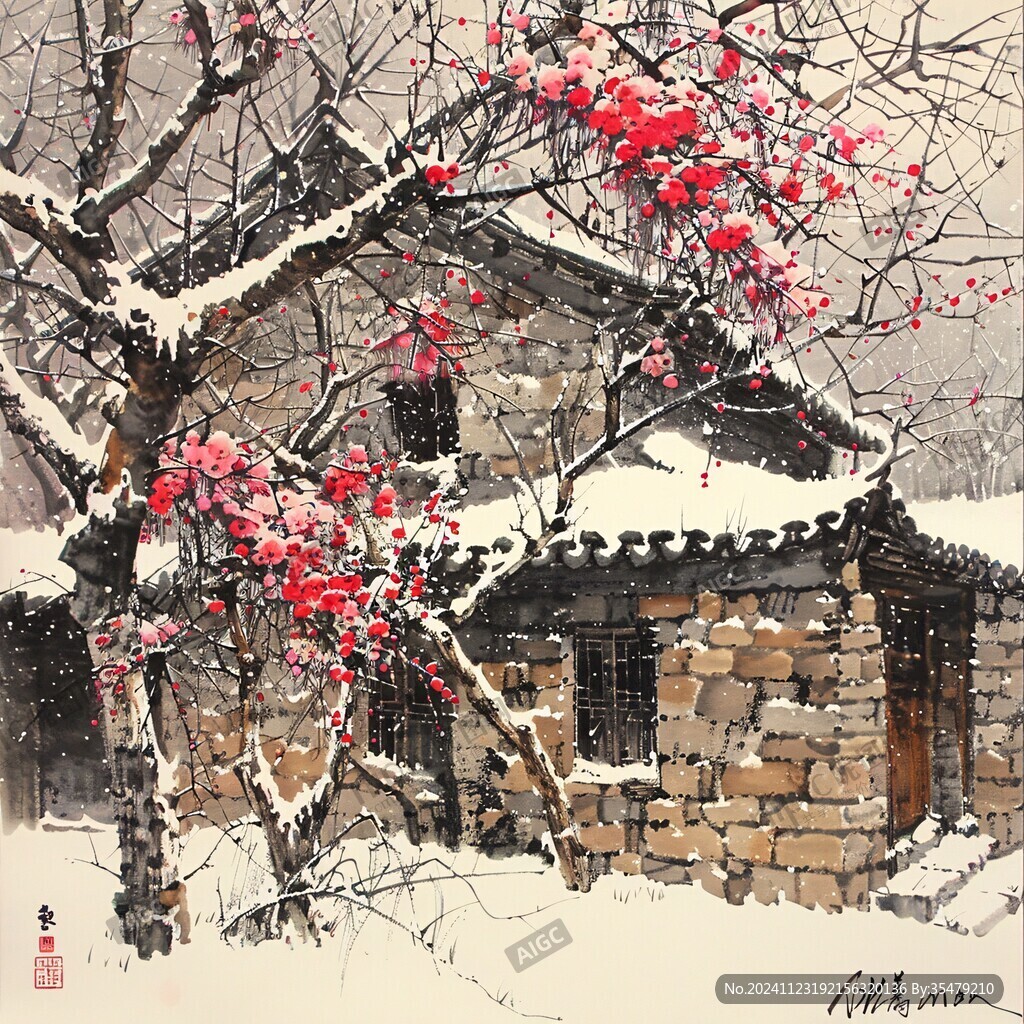 手繪山村雪景圖