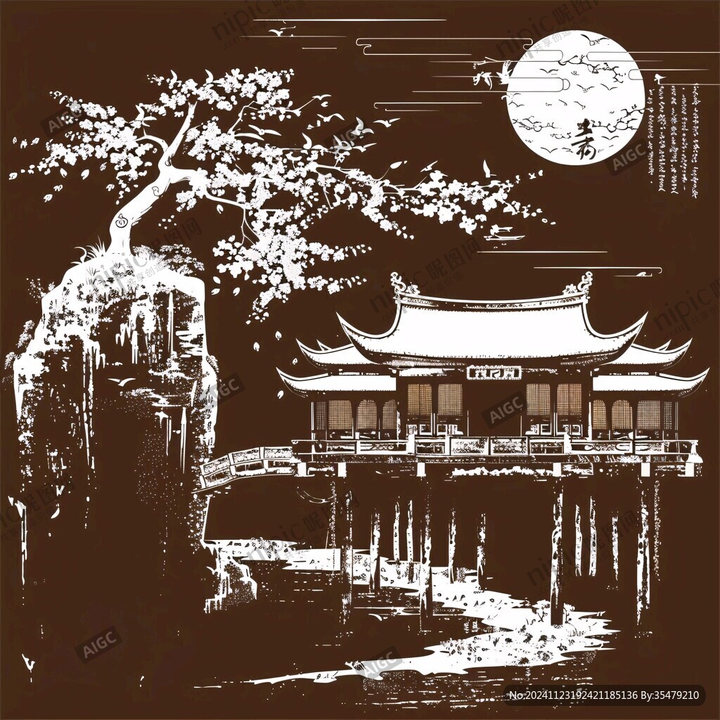 樓閣亭臺畫線描背景