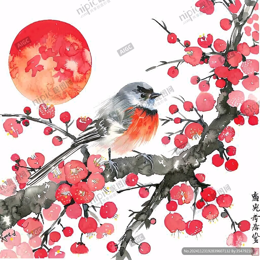 手繪紅梅花鳥