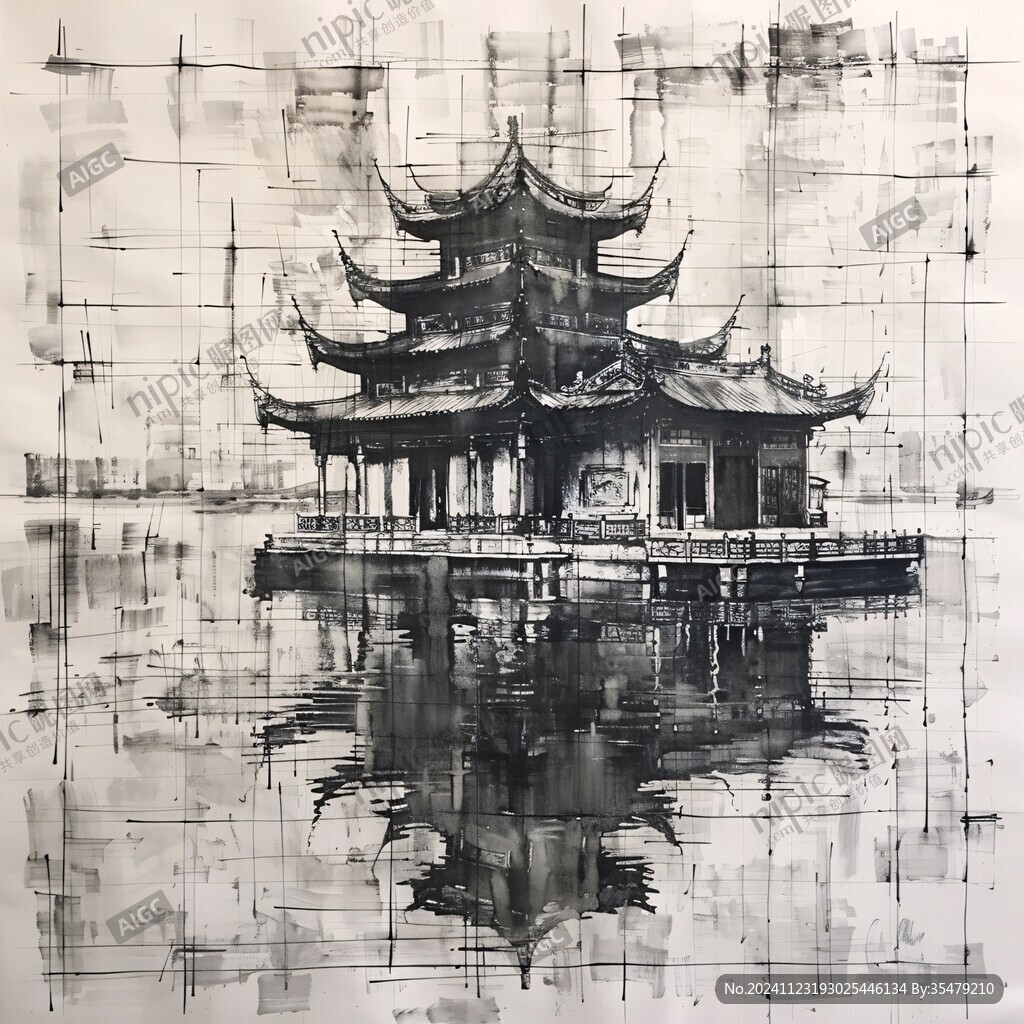 江南地標建筑江南水彩