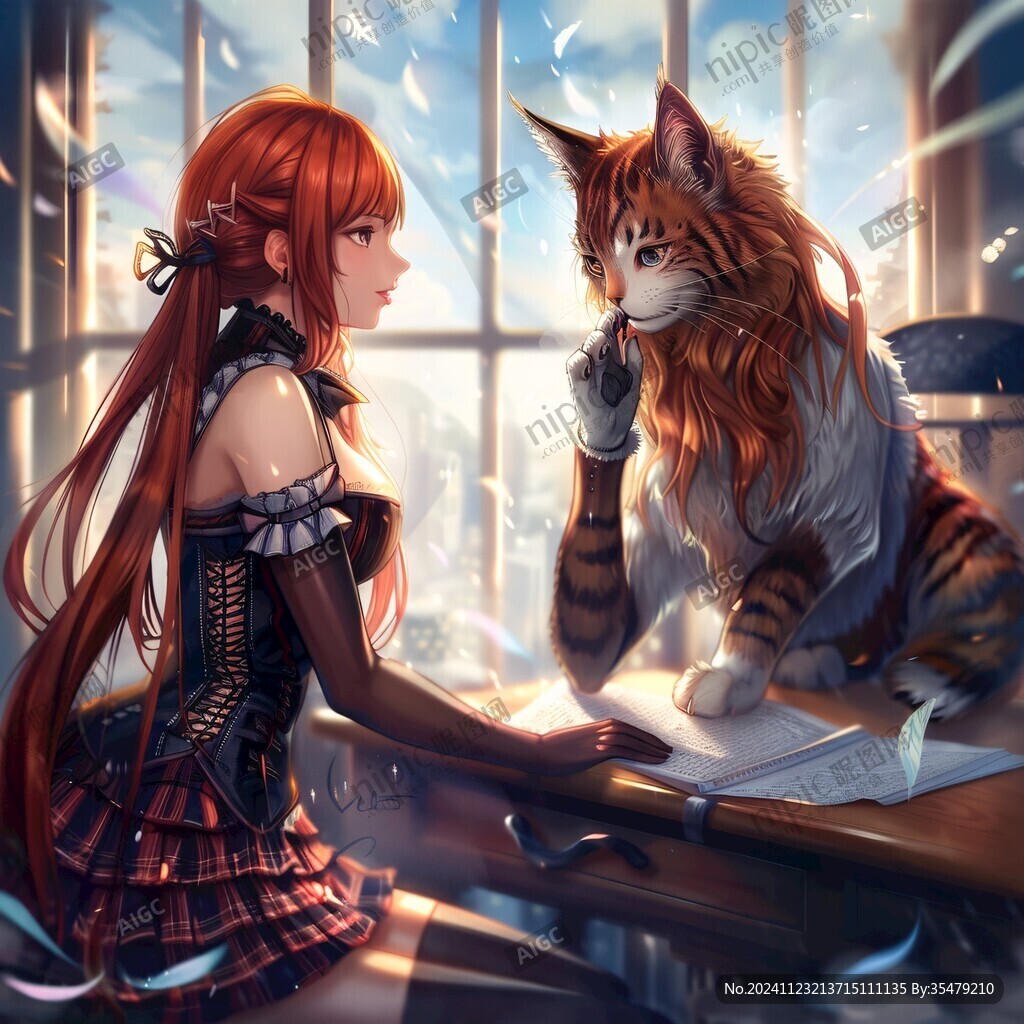 擼貓少女插畫