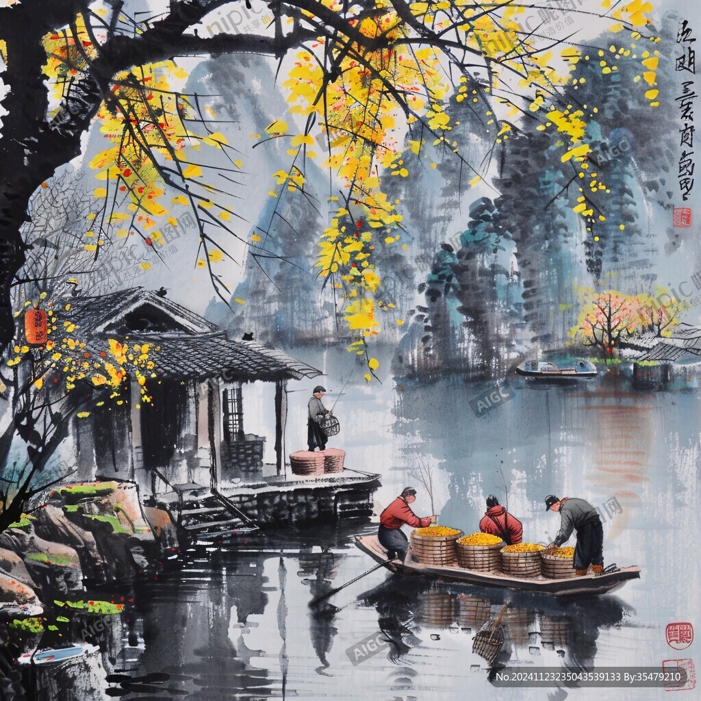 水上船家山水畫