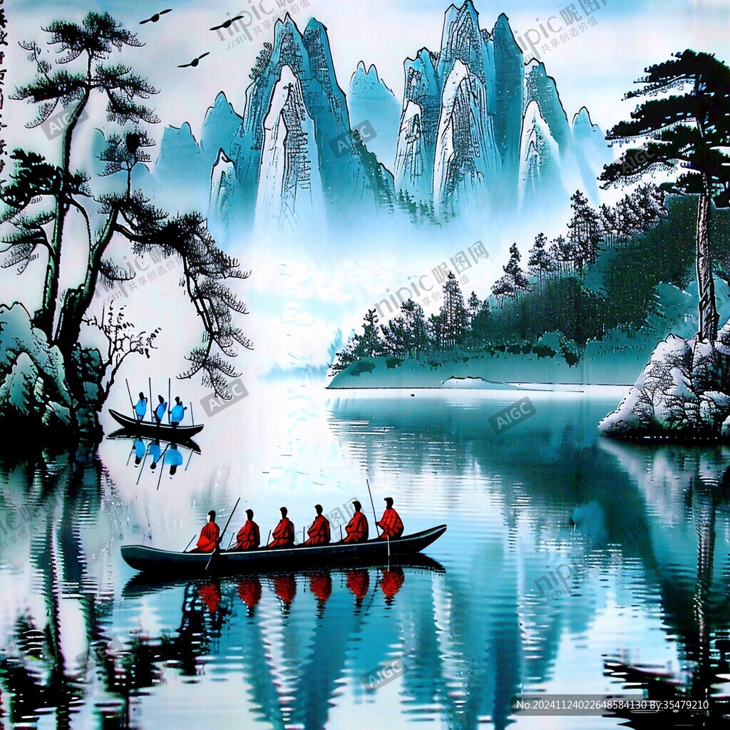舟河流山峰背景墻