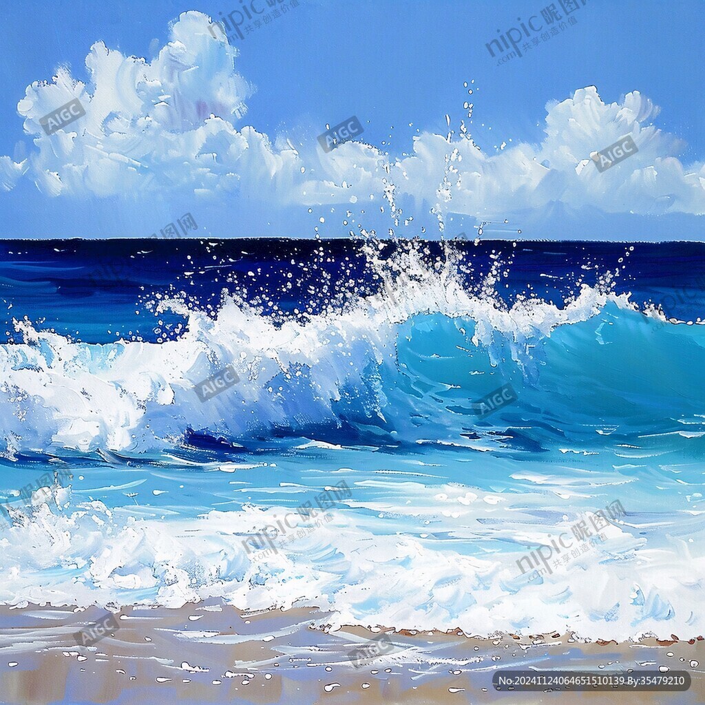 海浪水粉畫